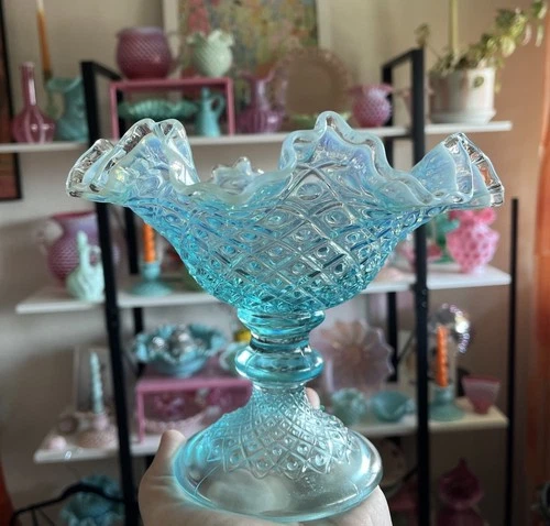 Fenton Diamond Lace Pattern Opalescent Ice Blue Crimped Pedestal Compote