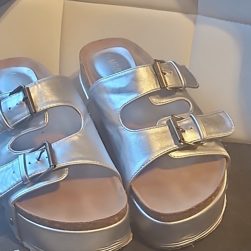 Moyilishan Women’s Silver Platform Slip-On Sandals Double Buckle Studded 8