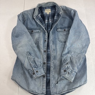 Cabela's Mens Blue Flannel Lined Jean Denim Snap down JACKET  Shacket Medium Y2K