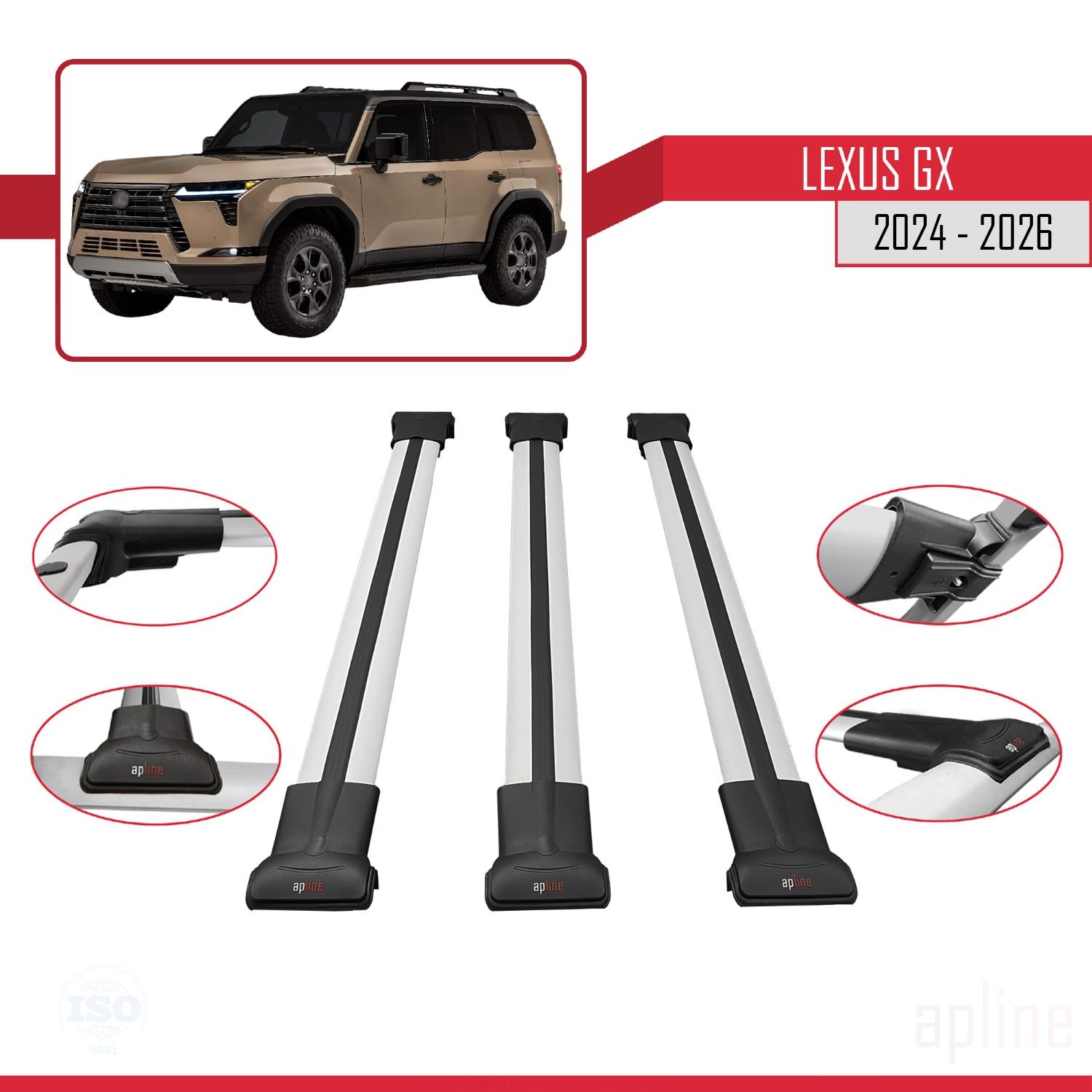 Barres de toit haut de gamme en aluminium gris satiné pour SUV Lexus GX 2024-2026