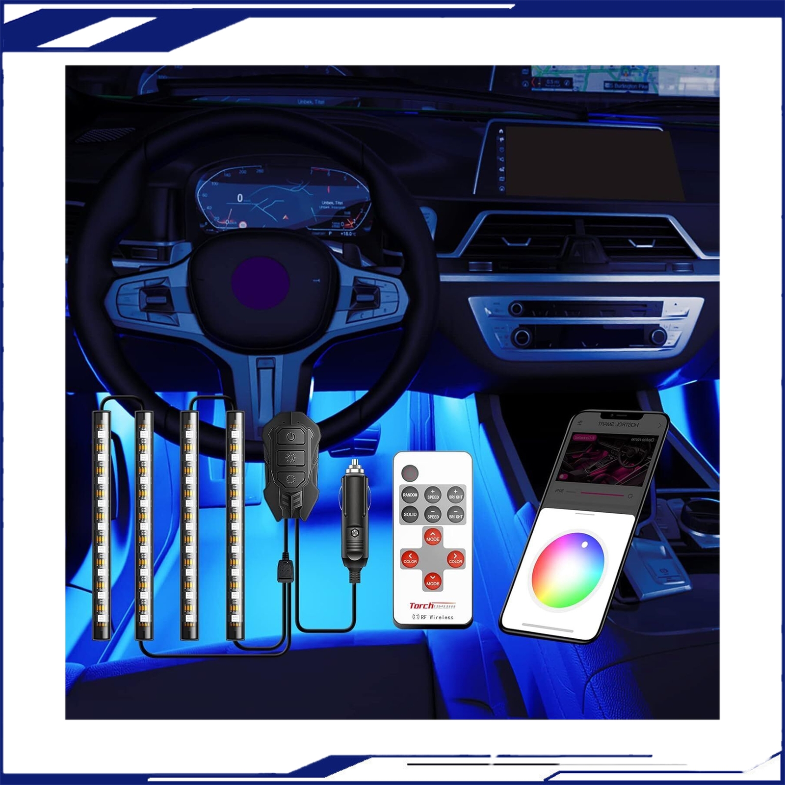 36 LED Car Intelligent Atmosphere Light Strip Color RGB In-car App Remote 4x