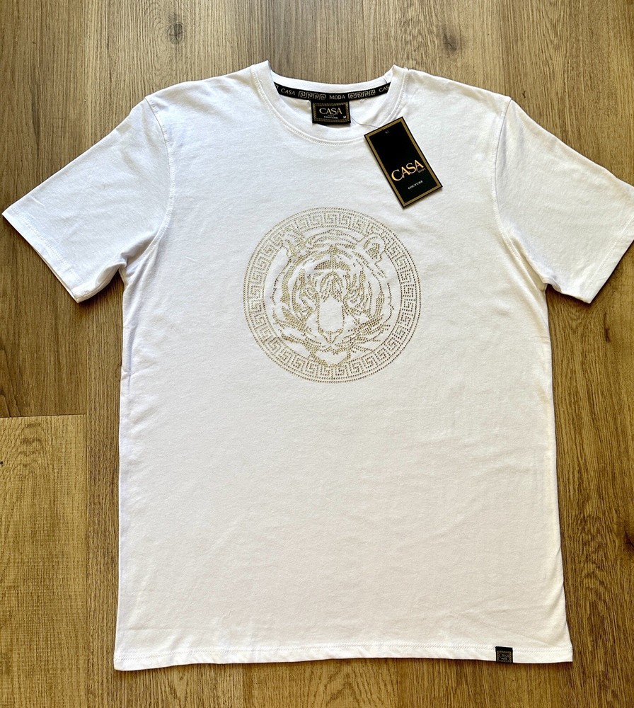 Casa Moda T-shirt Tiger Rhinestone White Size M Versace Pattern Short Sleeves