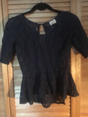 Eyelash Couture - Women's - Blouse Blue Lace Short-sleeve - cut in back, size S