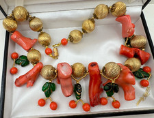 GORGEOUS CHOKER NATURAL GENUINE CORAL BRANCH BEADS NECKLACE GLASS LEAVES BERRIES