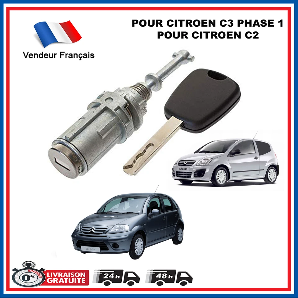 CITROEN C2 C3 BARILLET SERRURE PORTE AVANT GAUCHE + 1 CLE - Photo 2/4