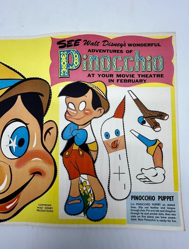 Máscara y marioneta de papel promocional sin cortar de la película de Pinocho de Walt Disney de 1940 RARA - Imagen 5 de 7