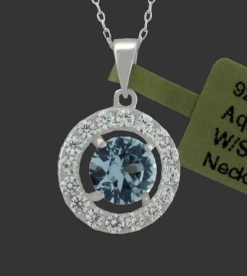 LAB CREATED 1,12 kt AQUAMARIN & WEISSER SAPHIR HALSKETTE 0,925 Silber - Neu mit Etikett