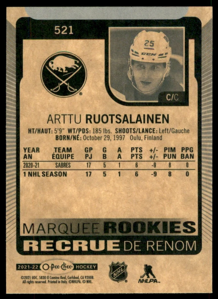 2021-22 O-Pee-Chee Arttu Ruotsalainen RC #521 - Image 2 of 2