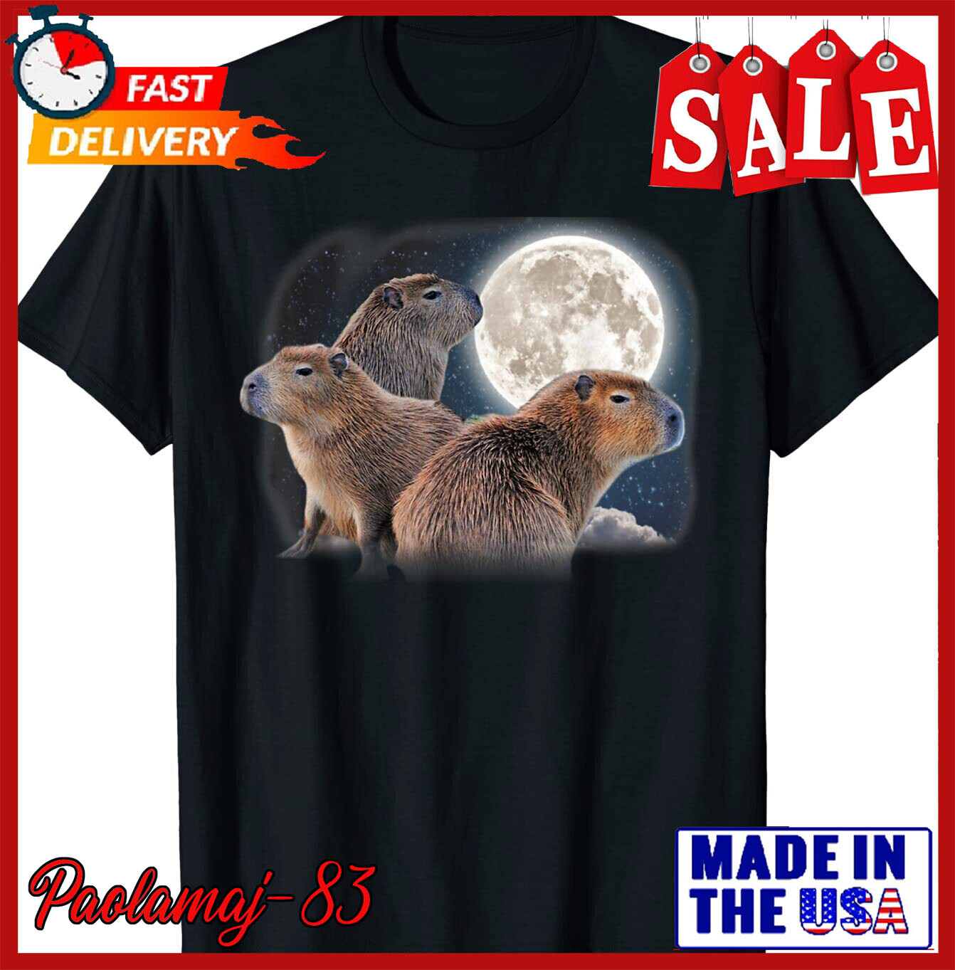 Three Capybaras and Moon Funny Capybara Humor Parody T-Shirt Size S-5XL