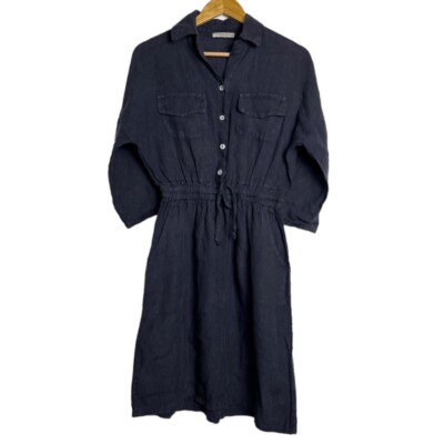 Francesca Bettini Linen Shirt Dress Blue 3/4 Sleeves Drawstring Made in  Italy XS