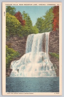Pembroke Virginia, Cascade Falls Waterfall Near Mountain Lake, Vintage Postcard