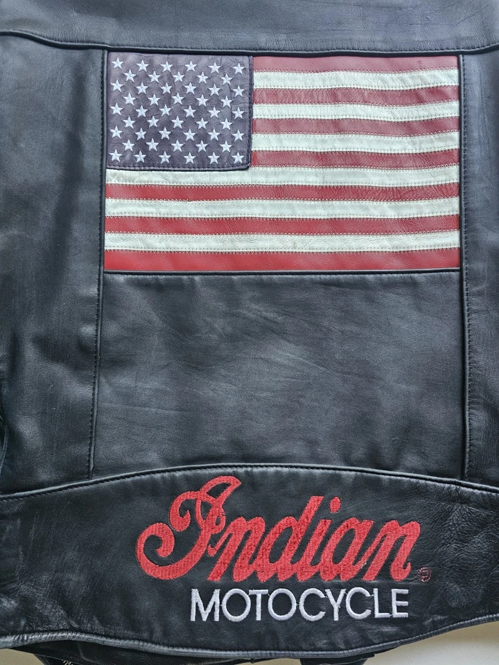 Chaqueta de Motocicleta India Vintage Cuero Negro Bandera Americana Talla 48 Foto 4 de 4