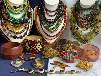 Vtg Costume Jewelry Lot Natural Semi Precious Stones Glass Wood Leather