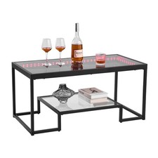 Coffee Table, Modern Tempered Glass Coffee Table with Lighting, 2 Tiers Rectangl