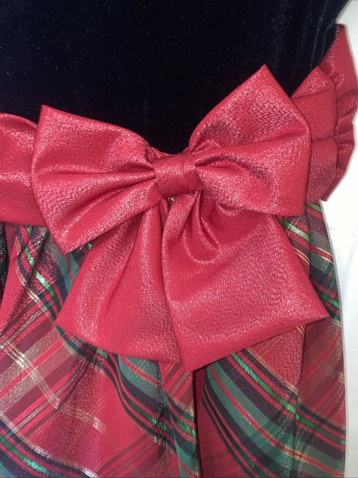 Bonnie Jean 女孩黑色人造天鹅绒红色格子裙全衬里连衣裙 12 码 — 第 4/4 张图片