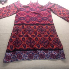 🧡 MINKPINK Boho Cold Shoulder Mini Dress Size S – Red Purple Print Festival...