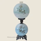 Vintage Blue Glass Gone With The Wind Parlor Table Lamp Floral 22" Hedco Style
