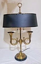 Rare Wildwood MC Brass Horn Bouillotte Table Lamp w/ Black Metal Tole Shade 