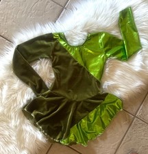 NEW Girls METALLIC Lime SAGE Green VELVET Competition FIGURE ICE SKATING DRESS