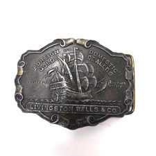 Vintage Livingston Wells Co Foreign Domestic Gold Dealers Belt Buckle