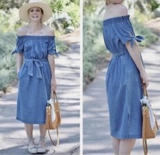 J Crew Off Shoulder Chambray Blue Tie Waist Denim Midi Dress Size 6
