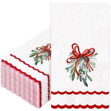 100 Pcs Christmas Guest Napkins Mistletoe Holly Scalloped Disposable Napkins