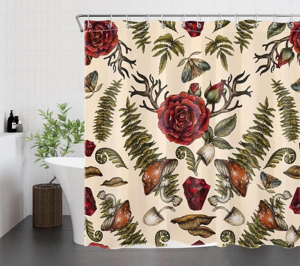 Juego de Cortina de Ducha Planta Marrón Seta Rojo Floral Beige para Decoración de Baño Foto 4 de 4