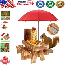 Elegant Wooden Squirrel Feeder Picnic Table with Weather-Resistant Umbrella