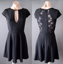 Black Womens Evening Party Lace Back Short Sleeve Flare Skater Mini Dress S M L