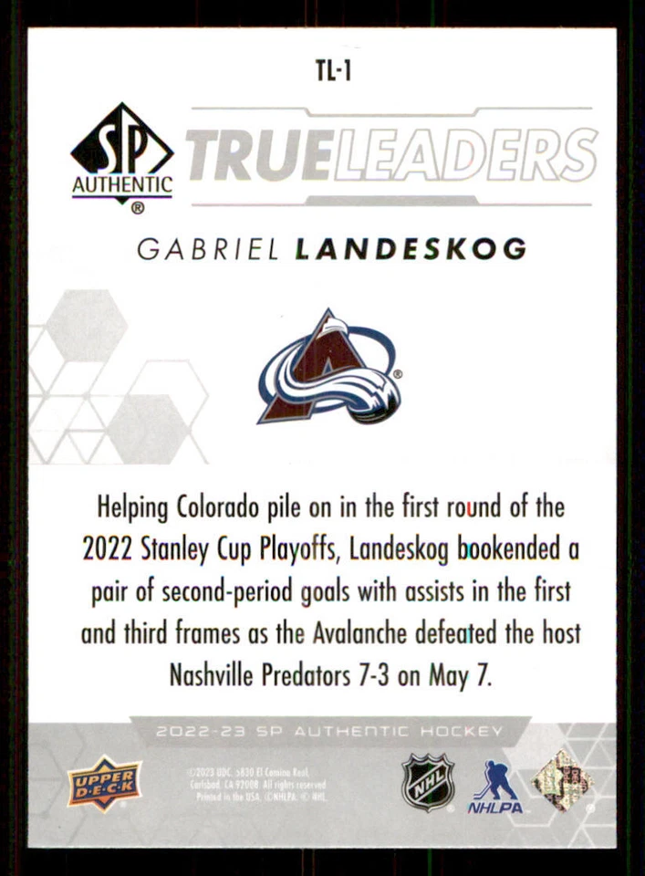 2022-23 SP Authentic True Leaders #TL1 Gabriel Landeskog - Image 2 of 2