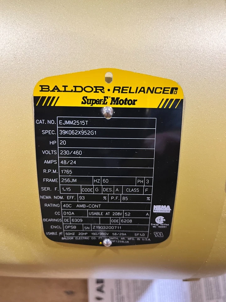 New Baldor EJMM2515T 20HP Electric Motor 230/460V 60Hz 3Ph 1765RPM 256JM OPSB - Image 2 of 4