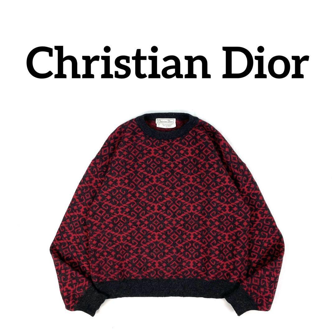 Christian Dior Melton Wool Size L All-over Print Knit Black Red  