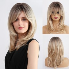 US Long Straight WIGS with Bangs for Women Layered Ombre Ash Brown Blonde Hair
