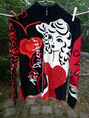 Vintage NOUN PARIS Women's Large RED Miss December Full Zip Sexy Sweater SOFT