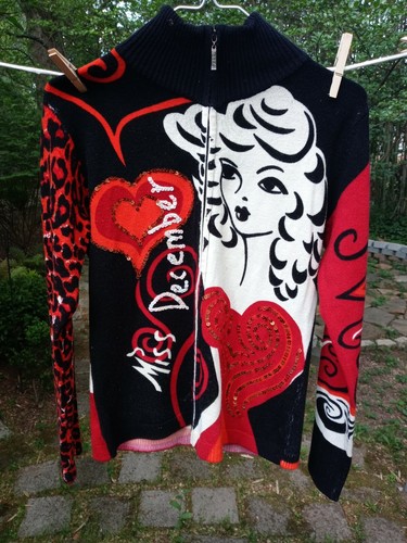 Vintage NOUN PARIS Women's Large RED Miss December Full Zip Sexy Sweater SOFT