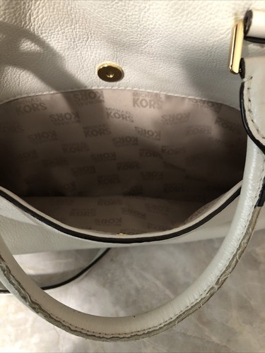 Michael Kors Sloan Leather Luggage Bach Bag Two Toned Brown Ivory Gold Medium - Picture 17 of 23