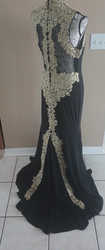 Vestido largo Betsy & Adam negro dorado espalda transparente talla 12 formal sin mangas - Imagen 2 de 21