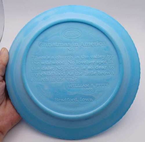 VTG Fenton Christmas 1970 Plate Blue Satin Glass Little Brown Church In Vale #1 - Picture 4 of 7