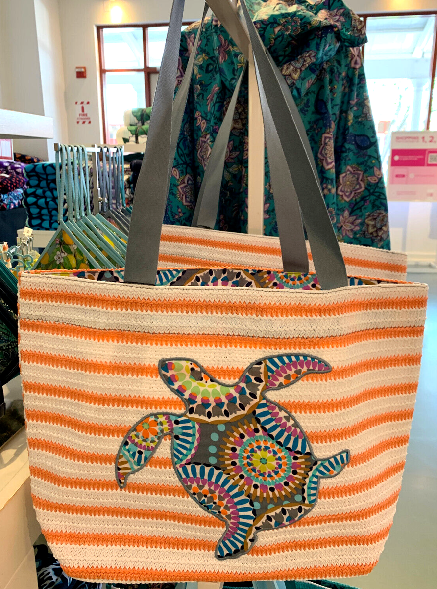 Vera Bradley Sunny Medallion Turtle Orange Stripe Straw Tote Beach Bag New