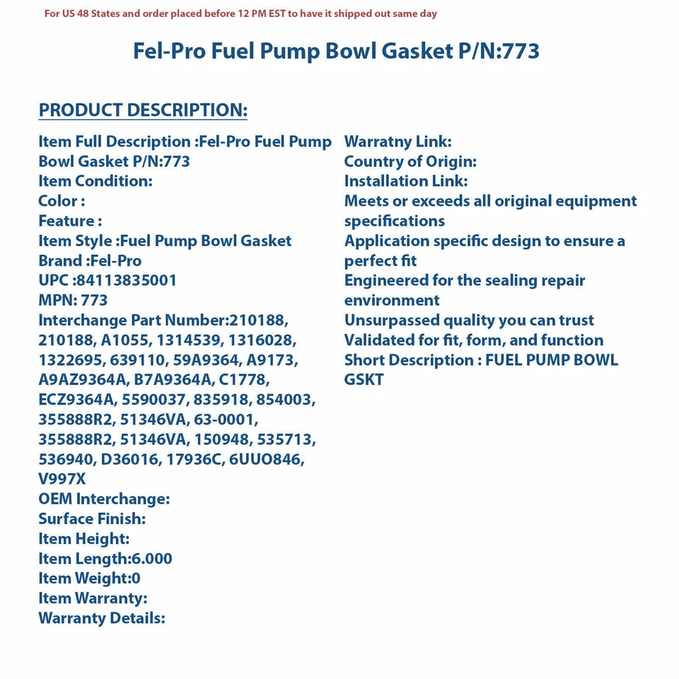 Junta de tazón de bomba de combustible Fel-Pro 773 | Pieza de automóvil de alta calidad, ajuste universal para Mu Foto 4 de 4