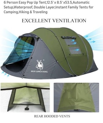 6 Person Easy Pop Up Tent, 3 seasons, 12.5 W x 8.5 L x 53.5 H