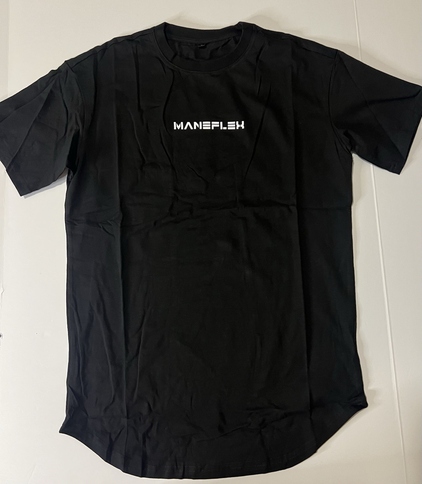T-Shirt Mens/Unisex Active Wear Maneflex Black scoop" hem Bottom L New