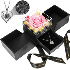 BNWXOY Preserved Pink Real Rose with I Love You Necklace -Eternal Flowers Ros...