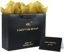 40th Birthday Gift Bag Set with Tissue Paper  Card - Black Gold Design