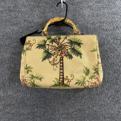 Isabella Fiore Monkey Palm Tree Tote Bag Bamboo Handle Tropical Summer Resort