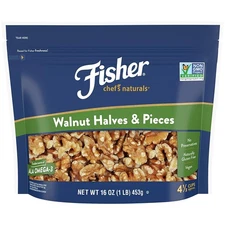 Fisher Chef's Naturals,No Preservatives,Non-GMO Walnut Halves & Pieces,16oz Bag