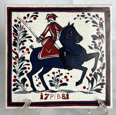 Mystery Art Tile of Red Coat Gentleman on Blue Horse, Vintage