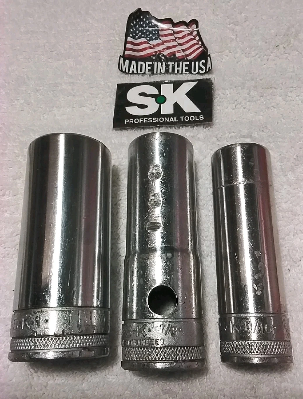 3pc S-K TOOLS VINTAGE KNURLED BOTTOM 1/2" DRIVE 12PT DEEP 11/16"×7/8"×1" SOCKET