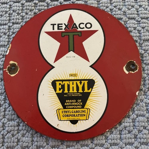 VINTAGE TEXACO ETHYL PORCELAIN SIGN ETHYL OIL GAS PUMP PLATE SERVICE GARAGE 7”