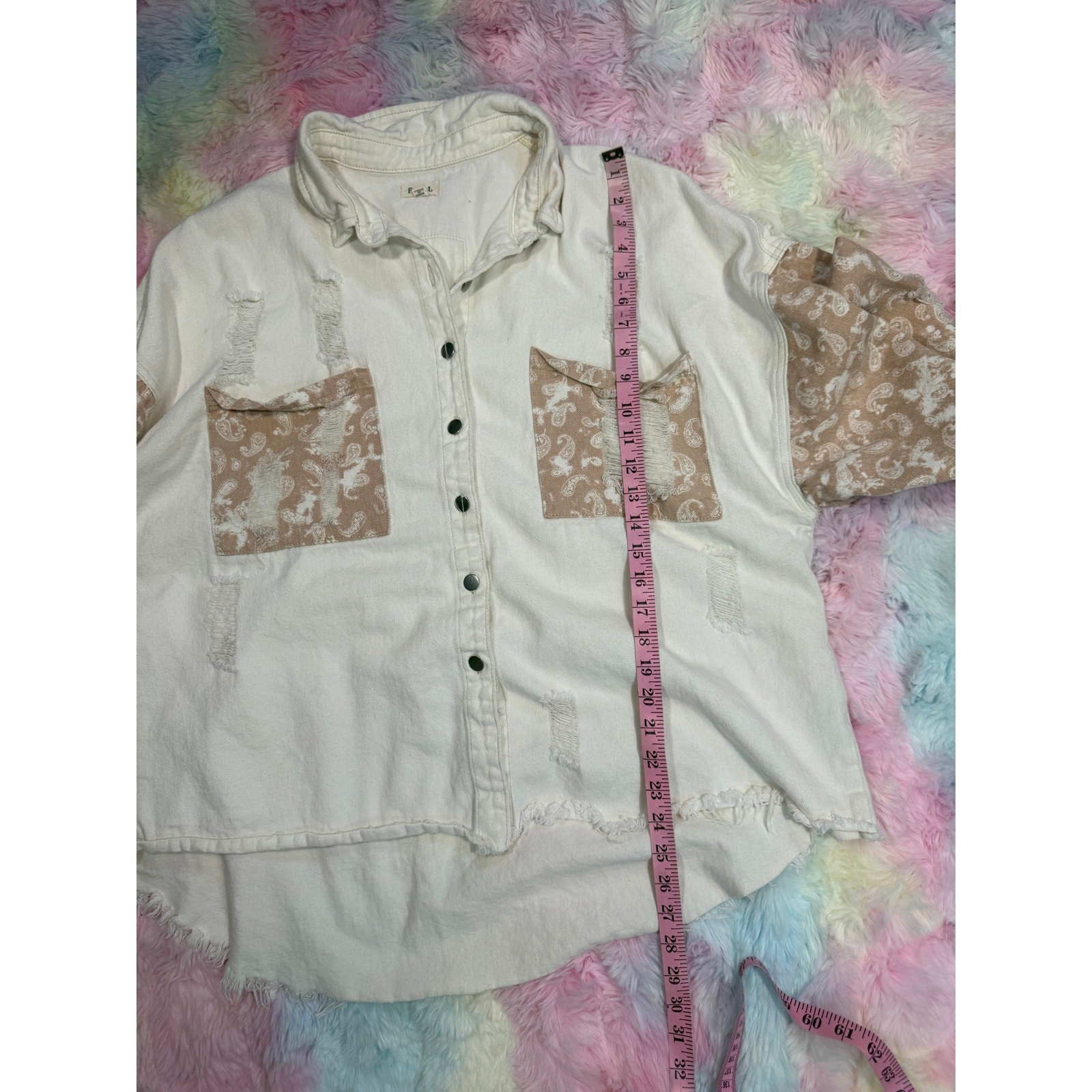 EUC POL Patchwork Button Up Jacket Shacket Cream … - image 7